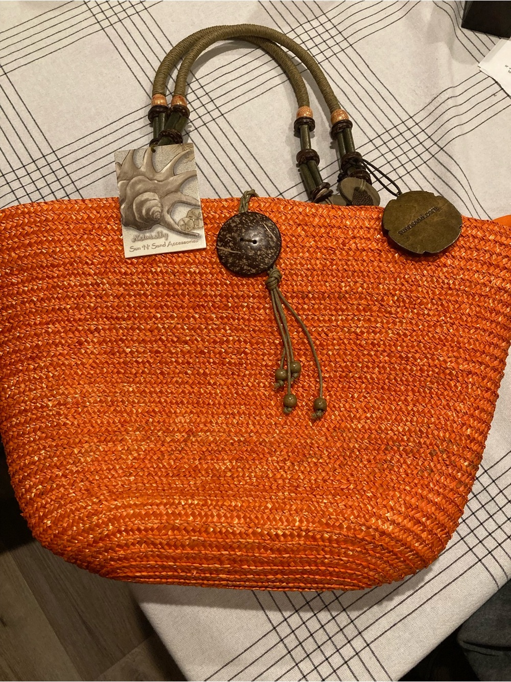Woven Orange Tote with Olive Rope Handles